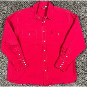 Vintage Red Star Marlboro Shirt Men's Red Denim Long Sleeve Pearl Snap Sz Large